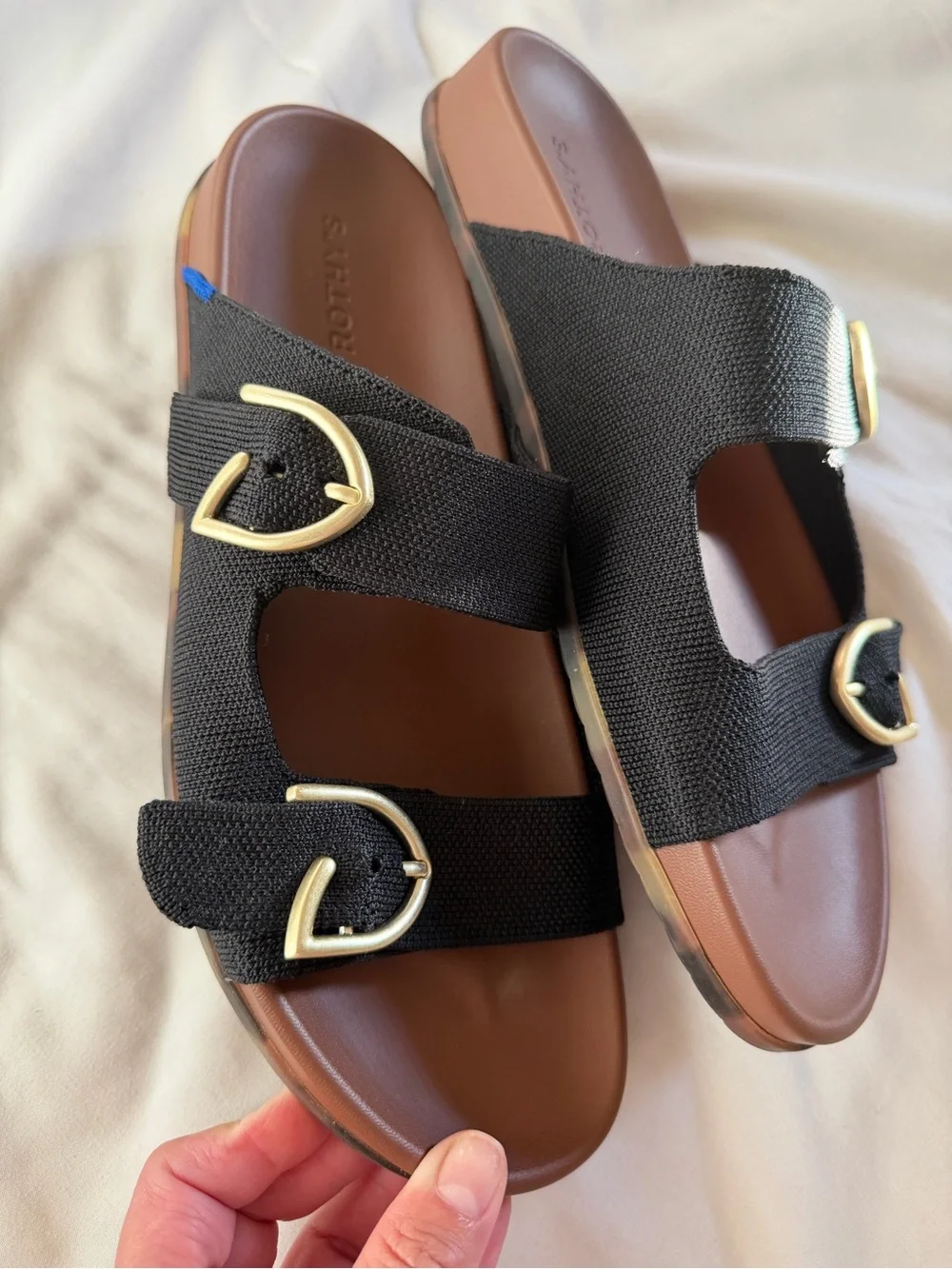 Rothy's Black The Buckle Slide Sandals with Brown Footbed